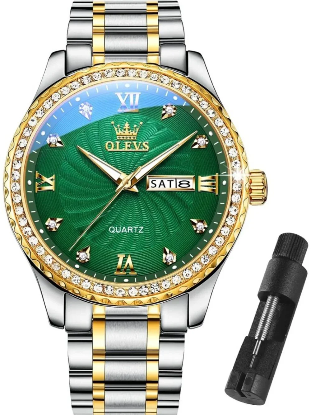 Men's Silver Green Big Dial Analog Quartz Stainless Relojes Waterproof Watch